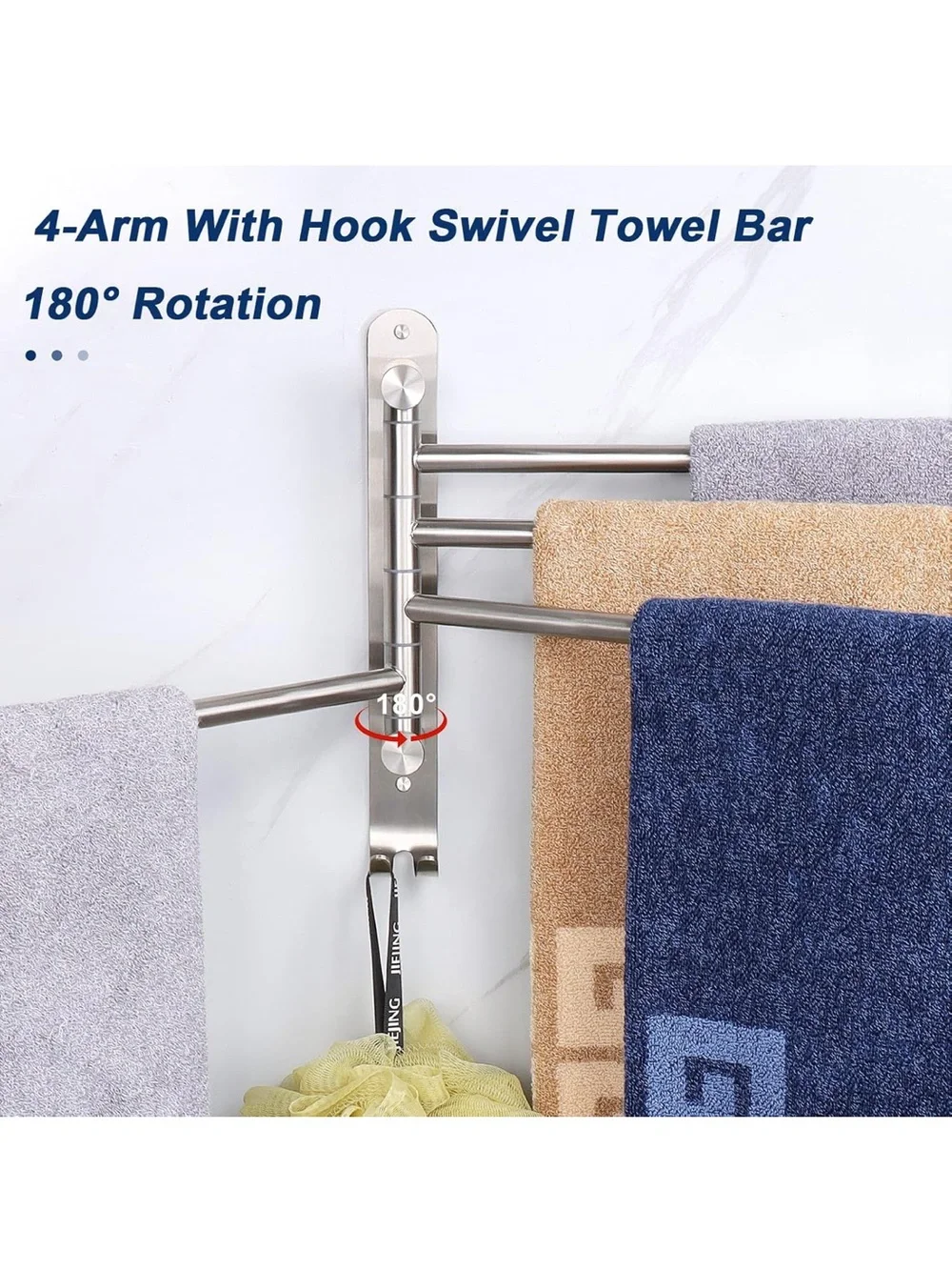 Stainless Steel 4-Arm Swivel Towel Rack with Hooks - Brushed Nickel